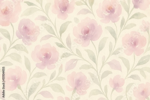 Wallpaper Mural Abstract seamless watercolor wallpaper featuring soft pastel floral motifs and delicate leafy vines on a textured light beige or cream background. Torontodigital.ca