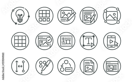 Line style icons of round graphic design process: round concept icon, round wireframe icon, round moodboard, round draft icon, round composition icon, round layout grid, round design review, round