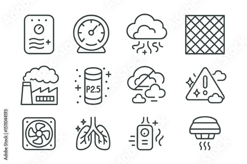 Line style icons of air quality and pollution control: air purifier, AQI meter, smog icon, air filter icon, factory emissions, PM2.5 level, clean air zone, pollution alert, ventilation fan, green