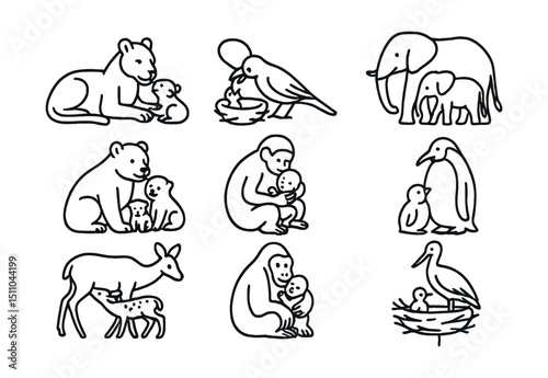 Line style icons of animals caring for offspring: lioness with cub, bird feeding chick, elephant family, bear with cubs, monkey grooming baby, penguin with chick, deer nursing fawn, gorilla holding