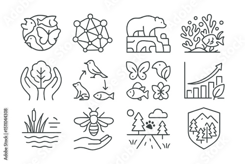 Line style icons of biodiversity and ecosystems: species icon, ecosystem web, keystone species, coral reef icon, habitat protection, food chain icon, species diversity, biodiversity graph, wetland