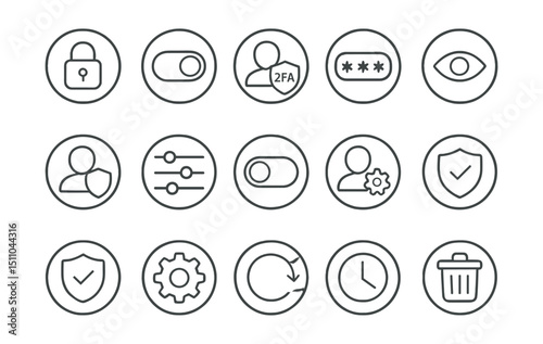 Line style icons of round user settings and privacy: round lock icon, round privacy toggle, round 2FA icon, round password circle, round visibility icon, round profile shield, round data control,