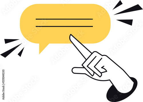 Hand pointing finger speech bubble communication message comment feedback opinion chat dialog conversation review vector art illustration