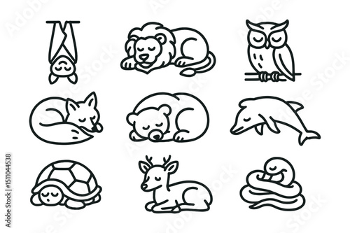 Line style icons of sleeping and resting habits: bat upside down, lion napping, owl perched asleep, fox curled up, bear hibernating, dolphin semi-sleep, turtle in shell, deer lying down, snake coiled