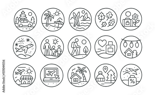 Line style icons of round seasonal and holiday travel: round Christmas trip, round beach holiday, round ski vacation, round fall leaves, round spring break, round summer icon, round New Year travel,