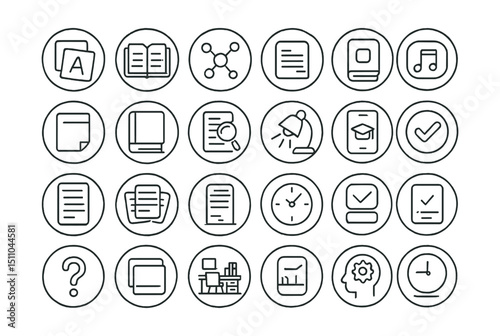Line style icons of round learning tools: round flashcard icon, round study guide, round mind map, round note icon, round sticky note, round reference book, round research icon, round highlighting