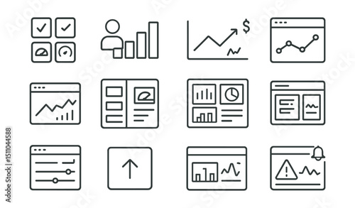 Line style icons of analytics dashboards: KPI dashboard, user insights, revenue chart, engagement graph, live metrics, dashboard layout, real-time stats, analytics panel, data cards, traffic