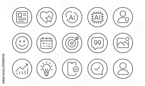 Line style icons of round personalized alerts: round daily digest, round interest alert, round custom feed ping, round AI recommendation, round personal update, round mood check-in, round habit alert