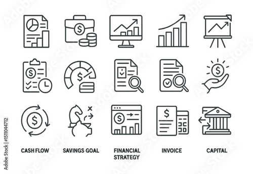 Line style icons of business finance: financial report, investment portfolio, revenue growth, bar chart, financial forecast, budgeting, credit score, expense tracking, audit document, funding round,