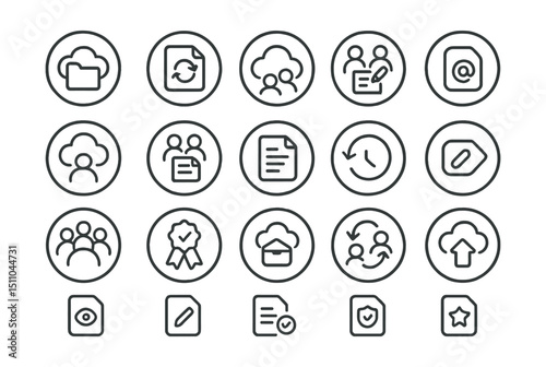 Line style icons of round cloud collaboration: round shared folder, round sync file, round cloud chat, round edit together, round live doc, round real-time icon, round multi-user edit, round file
