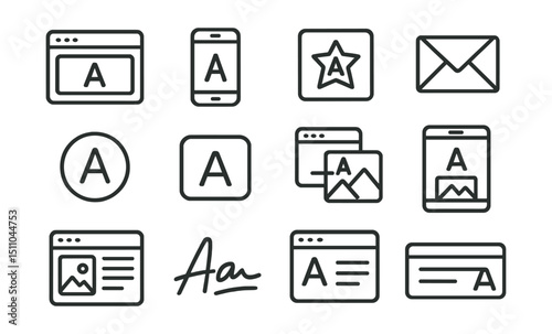 Line style icons of digital brand identity: website branding, mobile identity, favicon icon, email brand, UI logo, app icon, brand integration, digital theme, online visual, digital signature, social
