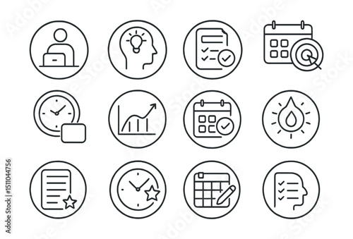 Line style icons of round productivity scheduling: round focused block, round deep work icon, round priority task, round goal schedule, round timebox icon, round productivity curve, round habit slot,