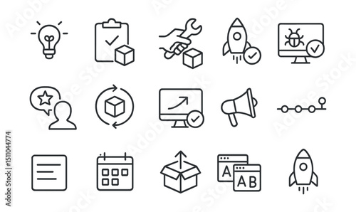 Line style icons of product development stages: product idea, concept validation, prototype build, MVP release, beta testing, user feedback, iteration cycle, version update, go-to-market, product