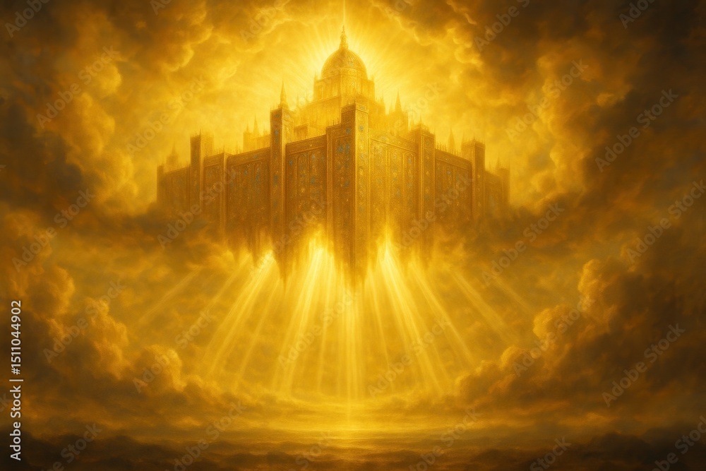 Fototapeta premium Awe inspiring depiction of the New Jerusalem from the Book of Revelation descending from a glorious golden sky a radiant city of divine light and biblical prophecy.