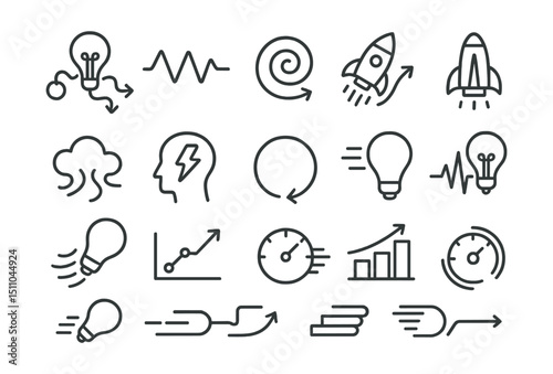 Line style icons of creative flow and momentum: idea flow, energy line, progress spiral, momentum boost, creative rhythm, flow state icon, fast iteration, inspired motion, kinetic idea, idea in
