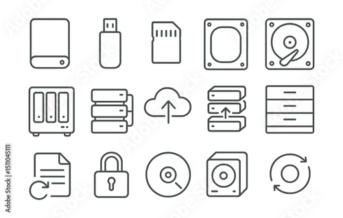 Line style icons of storage devices: external drive, USB flash, microSD card, SSD icon, HDD icon, NAS device, RAID icon, cloud drive, data transfer, storage unit, file backup, storage locker, disk