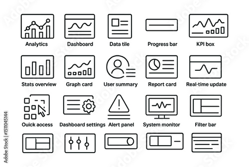 Line style icons of dashboard UI: analytics panel, dashboard widget, data tile, progress bar, KPI box, stats overview, graph card, user summary, report card, real-time update, quick access, dashboard