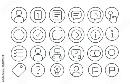 Line style icons of round onboarding and walkthrough: round intro screen, round step 1 icon, round tutorial card, round guide bubble, round highlight tap, round progress ring, round complete badge,