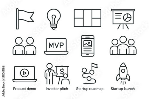 Line style icons of startup essentials: startup flag, lightbulb idea, business model, lean canvas, pitch deck, co-founder icon, MVP icon, prototype icon, startup team, product demo, investor pitch,