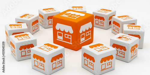 Orange logistics icon cube surrounded by delivery and transport symbols representing supply chain system