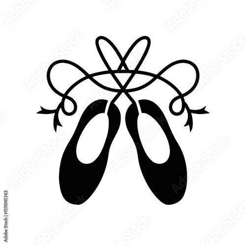 A pair of ballet shoes are depicted with elegantly entwined ribbons forming a decorative design.