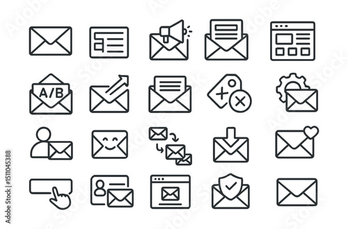 Line style icons of email marketing: email icon, email list, campaign email, newsletter icon, template icon, A/B subject line, click rate, open rate, unsubscribe tag, email automation, contact