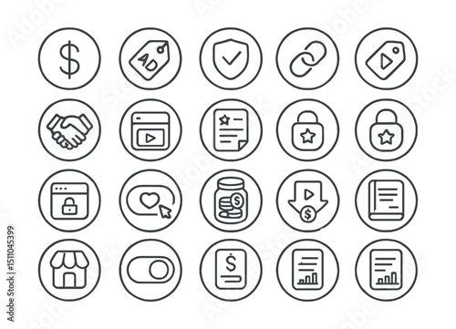 Line style icons of round monetization and content business: round revenue icon, round ad tag, round sponsor badge, round affiliate link, round brand deal, round content package, round premium post,
