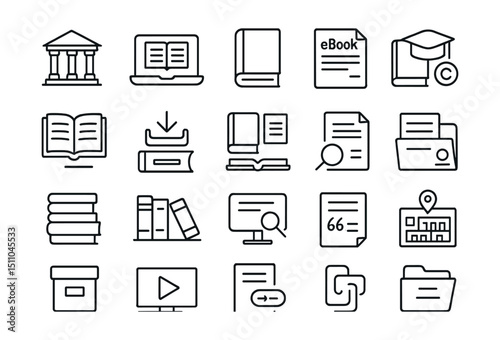 Line style icons of libraries and resources: library building, digital library, textbook icon, eBook file, research article, academic journal, download material, course material, open education,