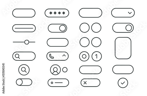 Line style icons of round input and form fields: round text field, round password input, round date picker, round dropdown field, round range slider, round toggle switch, round checkbox group, round
