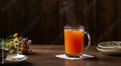 Canelazo warm cinnamon and aguardiente punch on a restaurant table photo