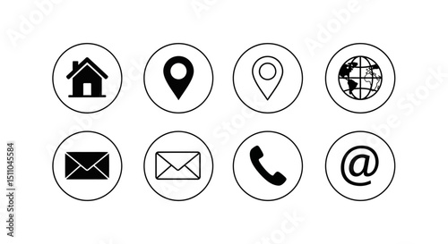 Contact Us Icons Home, Location, Email, Phone, Globe, At Symbol – Simple Vector Graphics