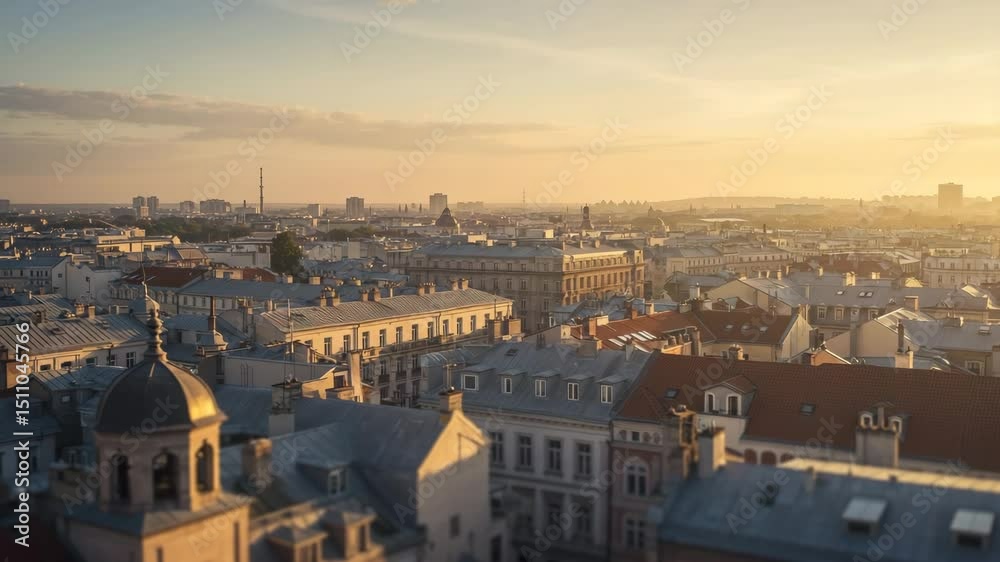 Aerial view of city skyline at sunset with warm golden light Aerial view of city skyline at sunset with warm golden light