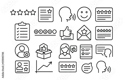 Line style icons of customer feedback and reviews: star rating, written review, voice feedback, satisfaction emoji, survey form, NPS score, feedback inbox, review summary, testimonial icon, product