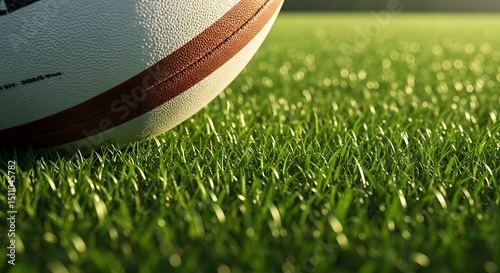 Rugby ball seam line curving over grass blades