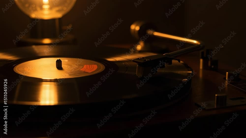 Vintage vinyl record player with warm lighting in cozy setting  