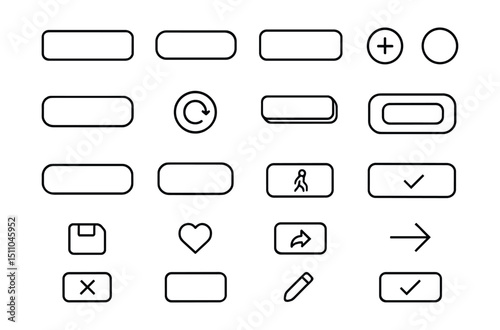 Line style icons of buttons and actions: primary button, secondary button, icon button, outlined button, floating button, disabled button, loading button, pressed state, hover state, CTA button,