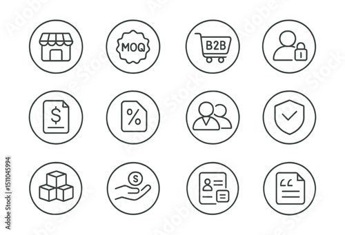 Line style icons of round business to business shopping: round wholesale icon, round MOQ badge, round B2B cart, round trade login, round invoice request, round tax exempt, round business account,