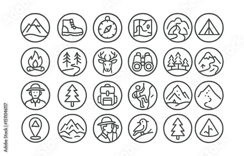 Line style icons of round mountain and nature travel: round mountain peak, round hiking boot, round compass icon, round trail map, round tent icon, round campfire icon, round forest path, round