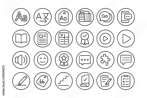 Line style icons of round language learning: round alphabet icon, round translate icon, round vocabulary tag, round flashcards, round language app, round dictionary icon, round grammar rule, round