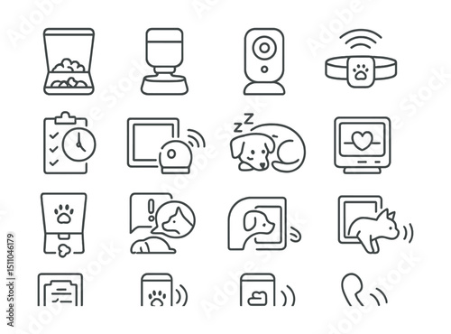 Line style icons of smart pet care: smart feeder, water dispenser, pet cam, activity tracker, feeding schedule, pet door control, location collar, wellness monitor, treat dispenser, behavior alert,