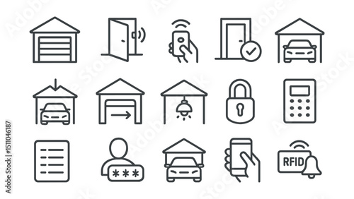 Line style icons of smart garage and entry: smart garage door, entry sensor, remote open, door status, vehicle detection, auto close, garage light, smart lock entry, PIN pad, access log, guest code,