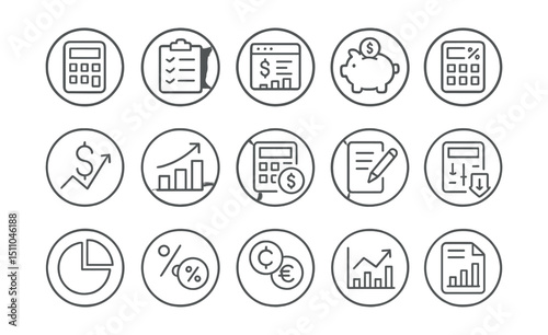 Line style icons of round financial tools: round calculator icon, round spending tracker, round net worth calculator, round savings estimator, round loan tool, round ROI calculator, round income
