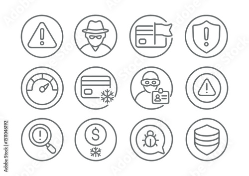 Line style icons of round financial risk and fraud: round risk alert, round suspicious icon, round transaction flag, round fraud shield, round risk level, round credit freeze, round identity theft,