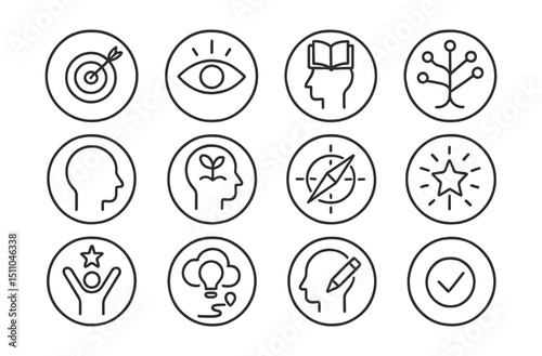 Line style icons of round educational goals and vision: round mission icon, round vision icon, round lifelong learning, round knowledge tree, round open mind, round growth mindset, round learning