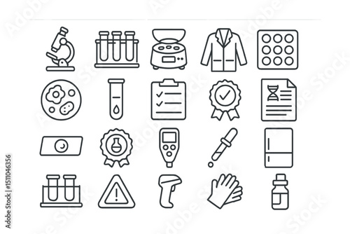 Line style icons of laboratory and test equipment: microscope icon, test tubes, centrifuge icon, lab coat, sample tray, specimen icon, blood vial, lab checklist, analysis badge, test report,