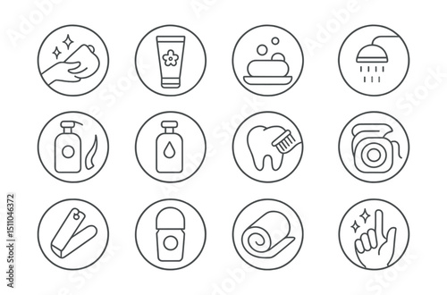 Line style icons of round personal care: round hygiene icon, round skincare product, round soap icon, round shower time, round hair care, round body wash, round dental care, round floss icon, round