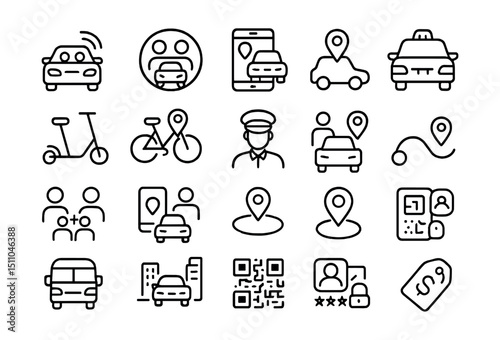 Line style icons of shared mobility and ride-hailing: ride share icon, carpool badge, ride-hailing app, taxi icon, e-scooter share, bike share, driver icon, vehicle request, pool ride, smart mobility