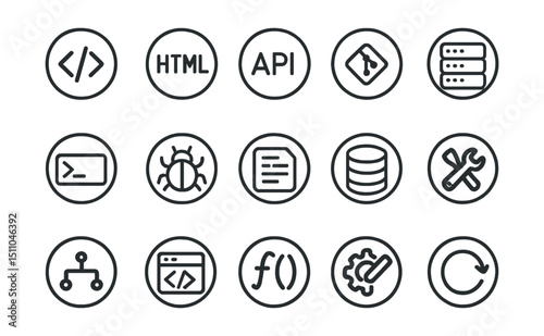Line style icons of round coding and development: round code tag, round HTML icon, round API icon, round Git icon, round server stack, round terminal icon, round bug report, round script icon, round