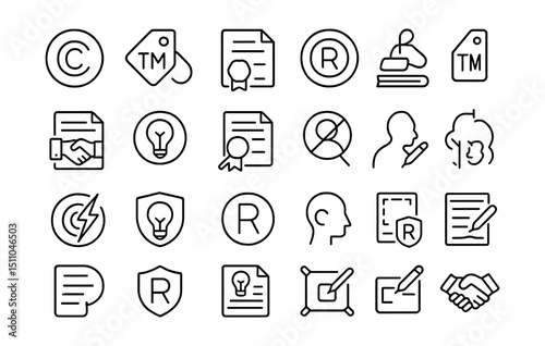 Line style icons of intellectual property and copyright: copyright icon, trademark symbol, patent file, registered mark, IP law icon, license agreement, creative rights, patent search, infringement