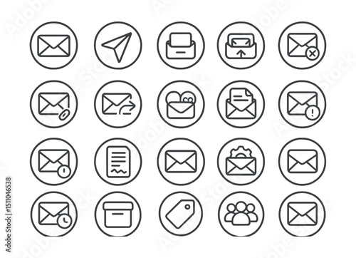 Line style icons of round email and mail services: round envelope icon, round send mail, round inbox view, round outbox icon, round spam folder, round mail attachment, round reply all, round CC/BCC